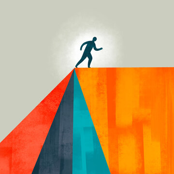 Person walking on edge of vibrant abstract landscape