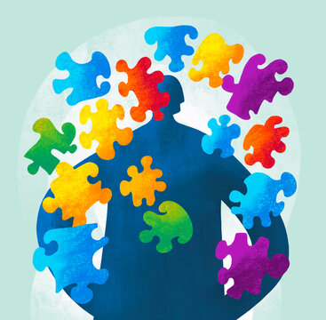 Puzzle pieces representing thoughts and creativity in a bright design