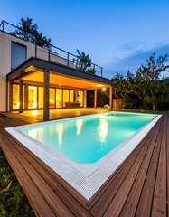 Fototapeta premium Modern home backyard pool at dusk