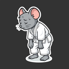Tired cartoon gray mouse in martial arts uniform vector illustration