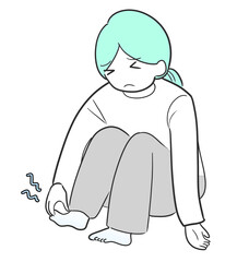 足が冷えて不快感を感じる若い女性のイラスト。冷え性や血行不良、冬の寒さによる足の冷えの概念を表現したベクターアート｜足の冷え,女性,不快,冷え性,冬,健康問題