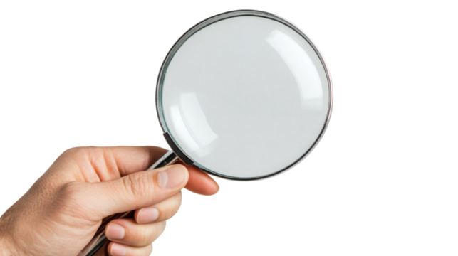 hand holding magnifying glass isolated on white background