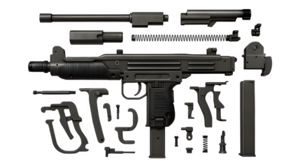 Exploded View of UZI Submachine Gun with Detailed Components – Transparent Background
