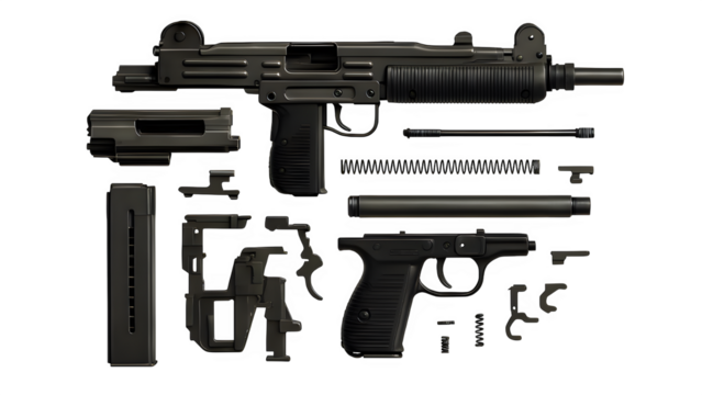 Exploded View of UZI Submachine Gun with Detailed Components – Transparent Background