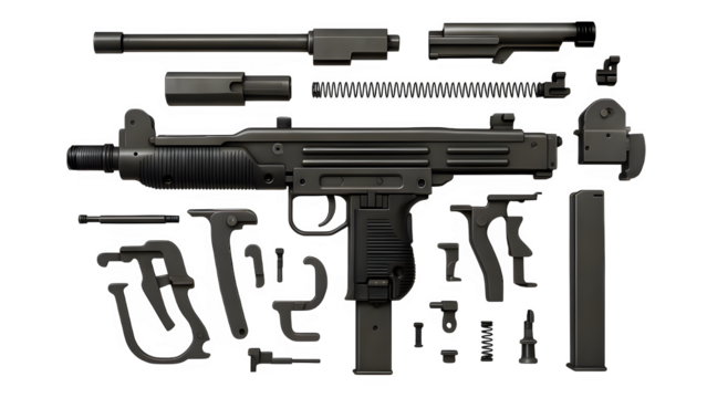 Exploded View of UZI Submachine Gun with Detailed Components – Transparent Background