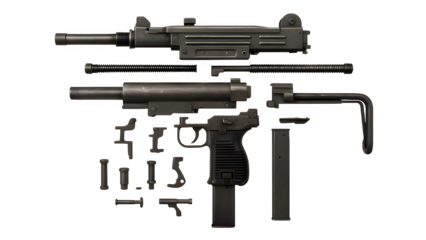 Exploded View of UZI Submachine Gun with Detailed Components – Transparent Background