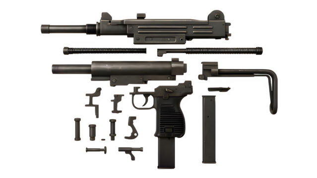 Exploded View of UZI Submachine Gun with Detailed Components – Transparent Background