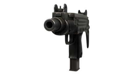 Front View of UZI Submachine Gun Pointing Toward Camera – Transparent Background