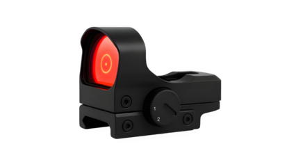 Side Profile of Mueller Reflex Sight with Illuminated Red Reticle on Transparent Background (PNG)