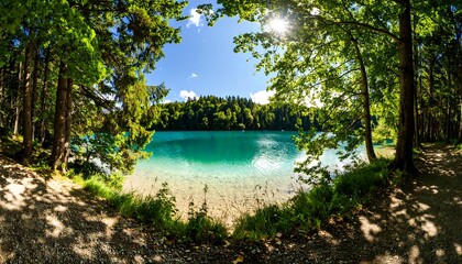 Turquoise lake framed by trees