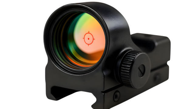 Macro Close-Up of Mueller Reflex Sight Lens and Reticle – Transparent Background (PNG)