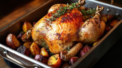 Fototapeta premium A golden-brown roasted chicken, seasoned with herbs, resting on a bed of root vegetables in a roasting pan, fresh out of the oven, farm-to-table aesthetic, juicy and succulent appearance, extremely .