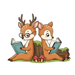Cute cartoon deer reading books in forest sitting back to back by tree stump with mushrooms educational woodland animals illustration