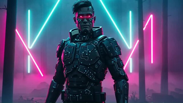 Cyberpunk warrior in neon forest