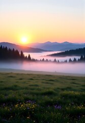 Misty Sunrise: A Tranquil Mountain Forest Landscape