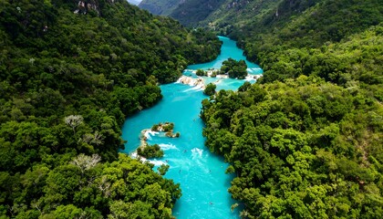 Turquoise river winding through lush green jungle