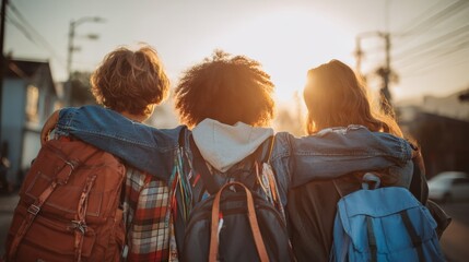 Three students with backpacks embracing each other while gazing at a breathtaking sunset, celebrating friendship and togetherness in nature