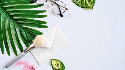 Elegant Workspace with Tropical Leaves and Beauty Essentials Creating a Stylish Flat Lay Composition Perfect for Content Creation and Design Inspiration
