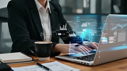 Businesswoman working on laptop with data overlay - Powered by Adobe