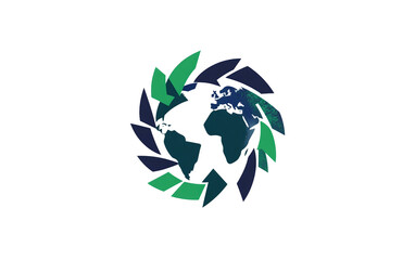 Stylized Earth logo with green arrows rotating symbolizing sustainability and environmental care isolated on transparent background PNG