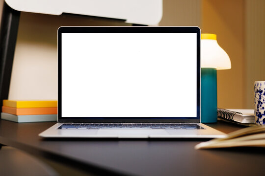 Laptop with White Blank Screen on Desk Mockup