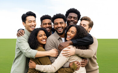 Obraz premium Group Of Multicultural Friends Embracing On A Grassy Field