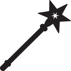  Black silhouette of magical wand with sparkling stars isolated on white background. concept of magic, fantasy, wizard, enchanted icon, mystical tool, storybook element, kids toy,halloween vector icon
