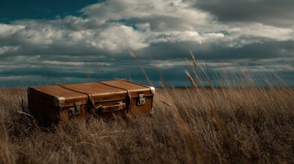 Fototapeta premium A vintage suitcase sits alone in a field of tall grass.