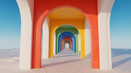 Fototapeta premium Endless rainbow colored arched tunnel with clear blue sky