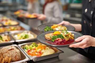 Chef preparing plates with healthy food in a self service restaurant or canteen, putting meat, vegetables, and fruit on a plate