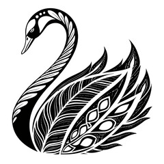 Fototapeta premium Elegant swan illustration with decorative feather patterns in black and white design style of artwork created with generated ai