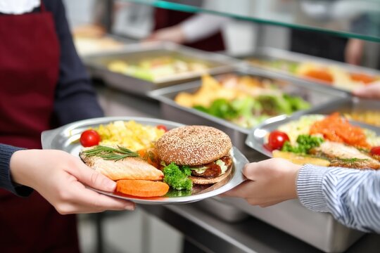 School lunch service worker serving a tray with burger, salmon, vegetables and pasta to a student in the cafeteria - Powered by Adobe