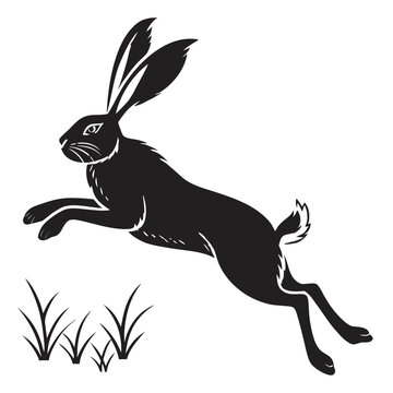 Silhouette of a black hare leaping over grass with long ears and a fluffy tail on a white background created with generated ai