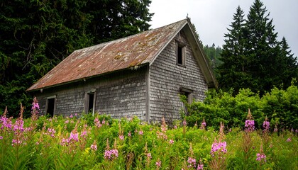 Fototapeta premium Grey weathered cabin in lush meadow
