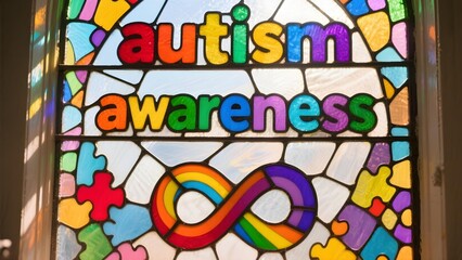 Stained glass autism awareness sign with infinity symbol in rainbow colors promoting neurodiversity inclusion mental health therapy and spectrum acceptance