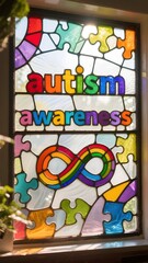 Obraz premium Stained glass autism awareness sign with infinity symbol in rainbow colors promoting neurodiversity inclusion mental health therapy and spectrum acceptance