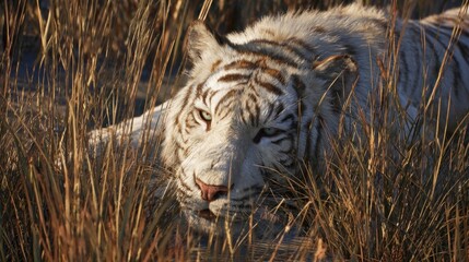 White tiger resting in grass