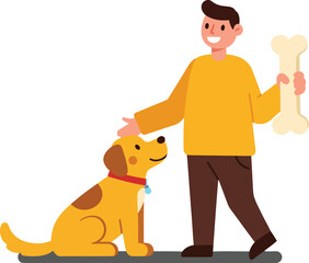 Boy holding bone with happy dog sitting nearby in friendly pet care scene vector illustration 