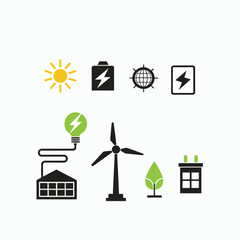 Electricity and energy vector icon set featuring glyph symbols of lightning bolt, battery, electric plug, solar panel, wind turbine, power supply, and renewable energy on white background