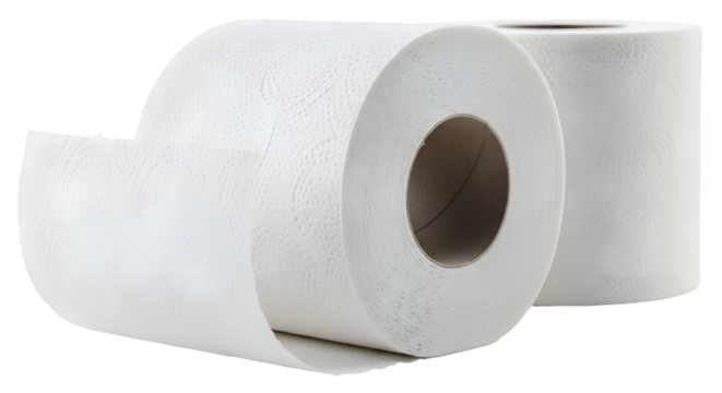 Two Rolls of Soft White Toilet Paper Stand Isolated on Transparent Background, Hygiene Theme
