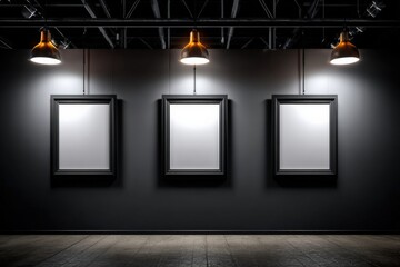 Three empty frames hanging in a dark modern art gallery illuminated by spotlights, creating a dramatic and artistic atmosphere