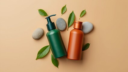 Natural cosmetic product presentation for skincare with green leaves and pebbles on beige background offering organic and vegan beauty solutions showcasing eco friendly packaging