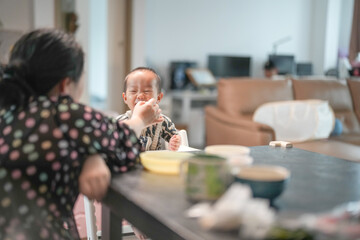 Chinese family in the living room, a one-year-old baby sits happily in a high chair as her mother in her thirties feeds her, surrounded by cozy furniture and warm light. Spring. Shanghai. China.