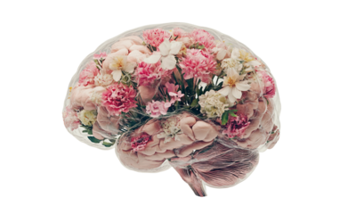 Surreal transparent human brain filled with intricate glowing neural networks and vibrant colors isolated on transparent background PNG