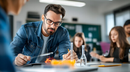 Teacher demonstrating chemical reaction in science classroom, students observing experiment, educational, focused, modern, teamwork, learning