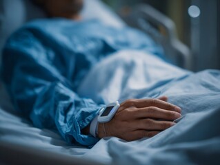 A patient's hand lies on a hospital bed with medical clothing and sensors on his fingers.