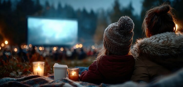 Mother and daughter are watching a movie at an outdoor cinema during winter, sitting on a blanket with candles and a cup of coffee