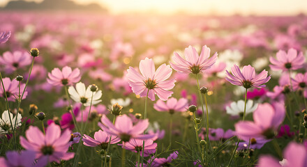 Obraz premium Pink Cosmos Flower Field Sunset