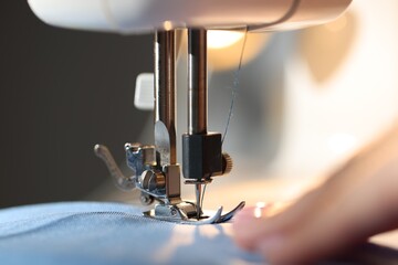 Woman working with sewing machine on blurred grey background, macro view
