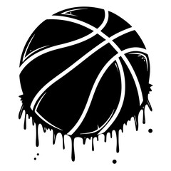A stylized black basketball with white lines appears to be melting or dripping paint creating a grunge and urban street art aesthetic on a white background